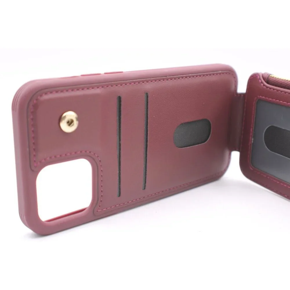 iPhone 12 Wallet Phone Case Zip Pocket Card Holders Burgundy Wine Protective NEW